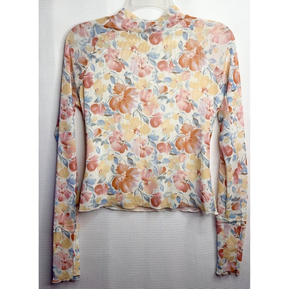 Floral Mesh Mock Neck Lettuce Trim Top Y2K Cottagecore Fairycore Romantic Medium